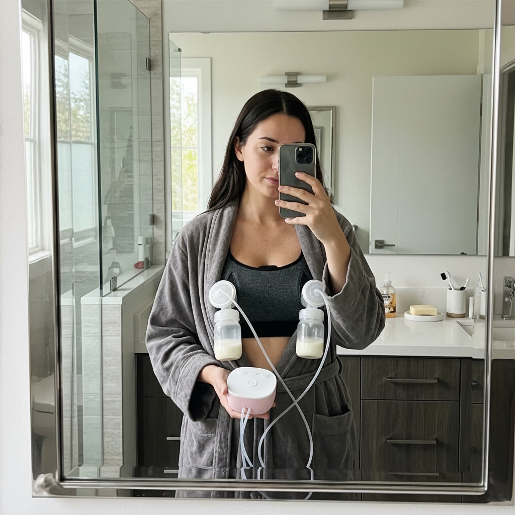 Maman qui prend une photo avec un tire-lait