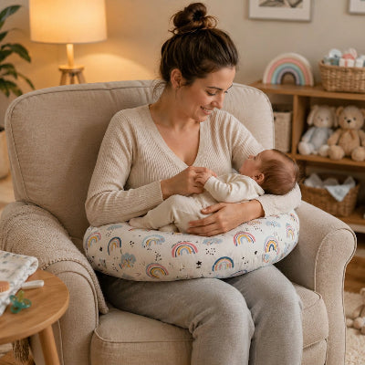 Maman qui regarde bébé sur son coussin d'allaitement