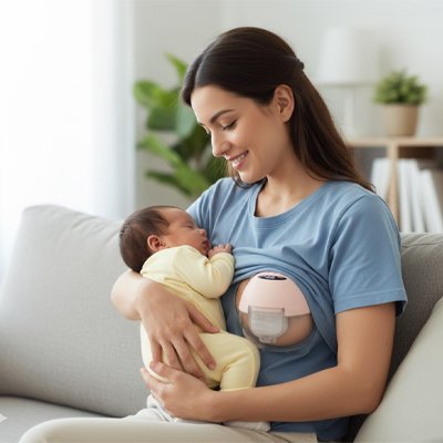 Maman regarde bébé avec tire-lait portable sous chandail