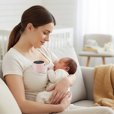Maman regarde bébé avec tire-lait portable sous t-shirt
