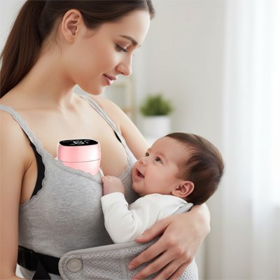 Maman regarde bébé avec tire-lait portable