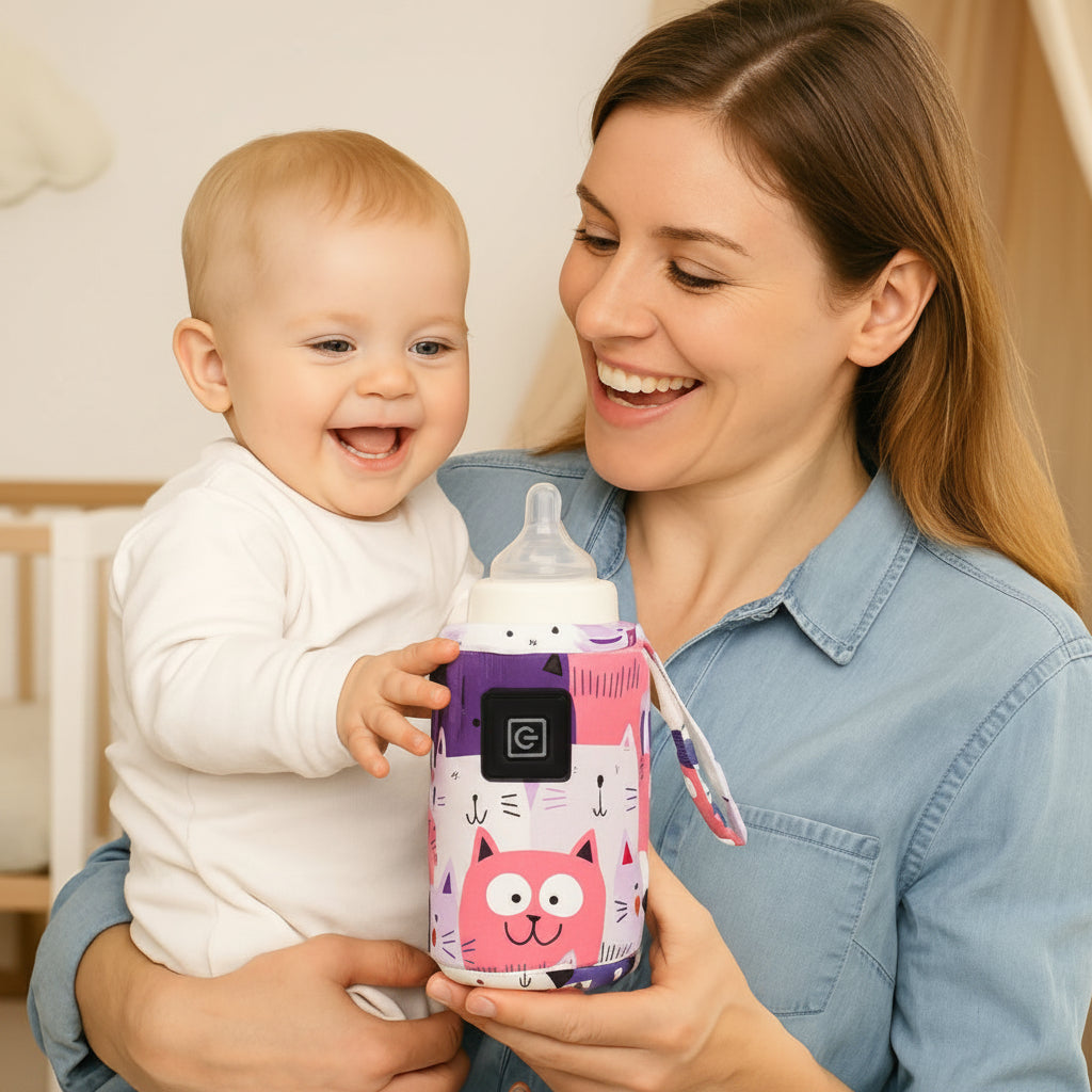 Maman regarde bébé qui regade chauffe biberon portable