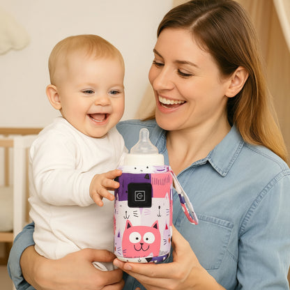Maman regarde bébé qui regade chauffe biberon portable