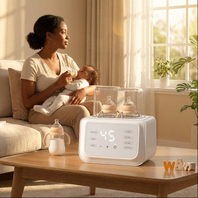 Mère regarde fenêtre et donne biberon bébé avec chauffe biberon