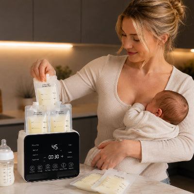 Maman met sachet lait maternel dans le chauffe biberon