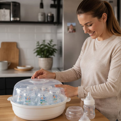 Maman souriante qui utilise un sterilisateur biberon
