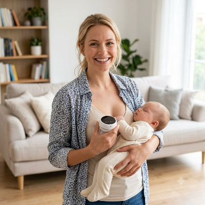 Maman souriante tient son bébé avec tire lait en main