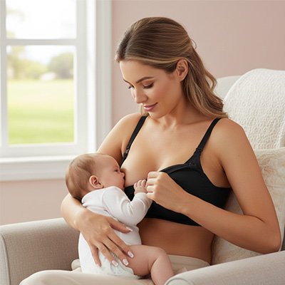 Maman porte soutien-gorge allaitement noir et bébé boit