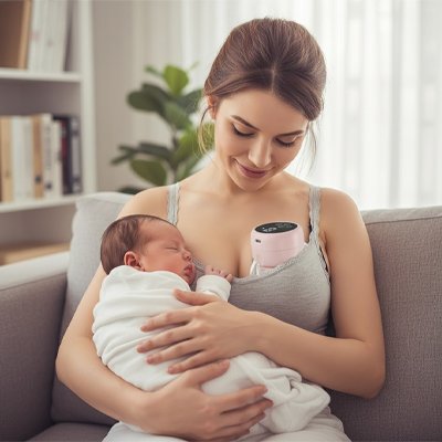 Maman tient bébé avec tire-lait portable sous camisole