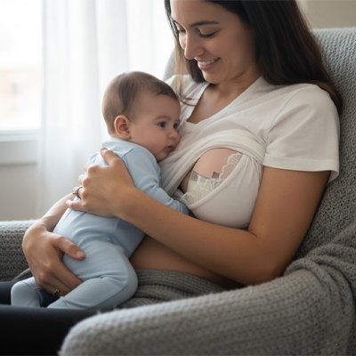 Maman tient bébé avec tire-lait portable sous chandail