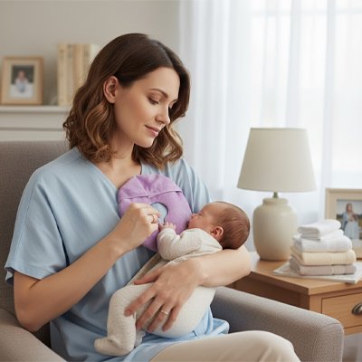 Maman tient bébé et coussinet d'allaitement