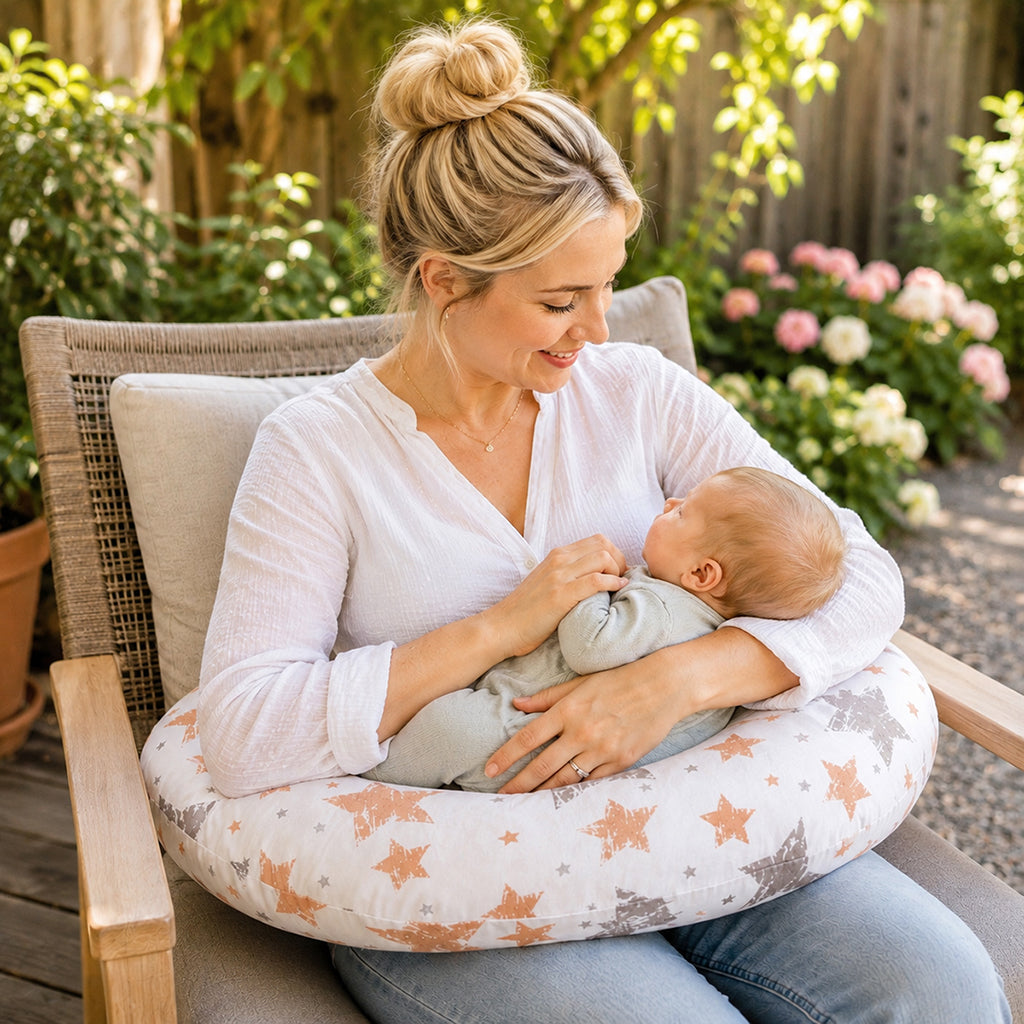 Maman tient bébé sur coussin d'allaitement dans le jardin