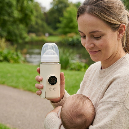 Maman tient le chauffe biberon nomade et bébé au parc