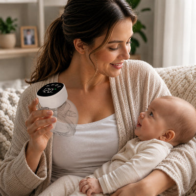 Maman tient le tire lait et son bébé