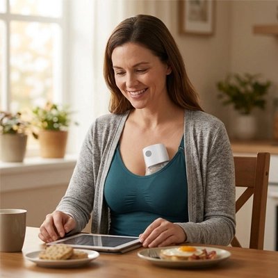 Maman utilise tablette avec tire lait electrique
