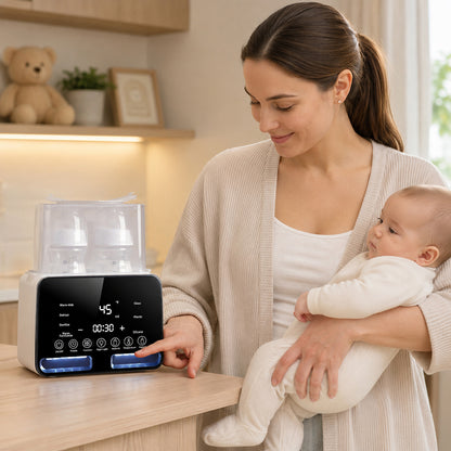 Maman utilise un chauffe biberon en tenant bébé