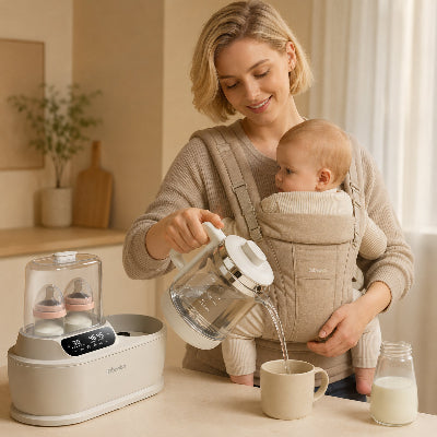 Maman verse de l'eau dans une tasse avec chauffe biberon
