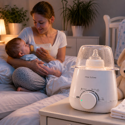 Mère donne le biberon au bébé avec chauffe biberon