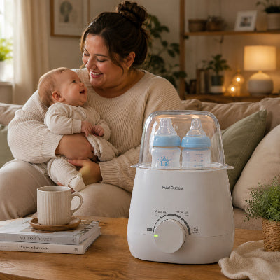 Mère et bébé avec chauffe biberon dans le salon