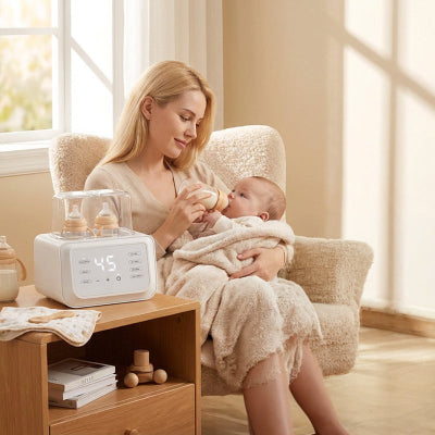 Mère donne biberon à bébé et chauffe biberon sur table