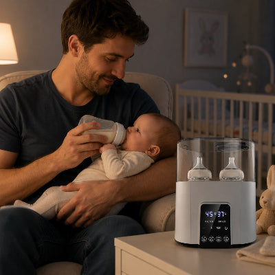Papa et bébé avec chauffe biberon dans chambre de bébé