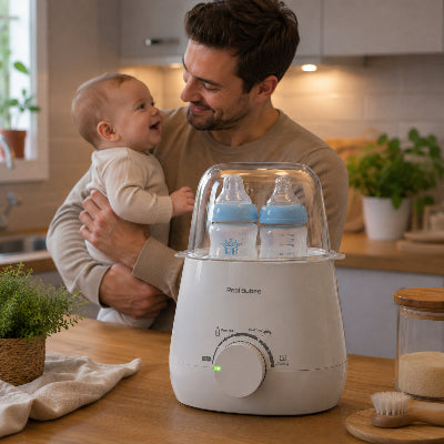 Papa et bébé avec chauffe biberon dans la cuisine