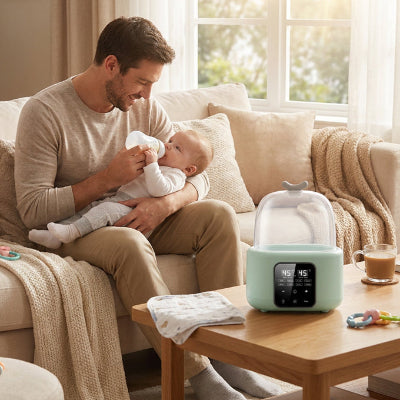 Papa donne biberon bébé avec chauffe biberon sur la table