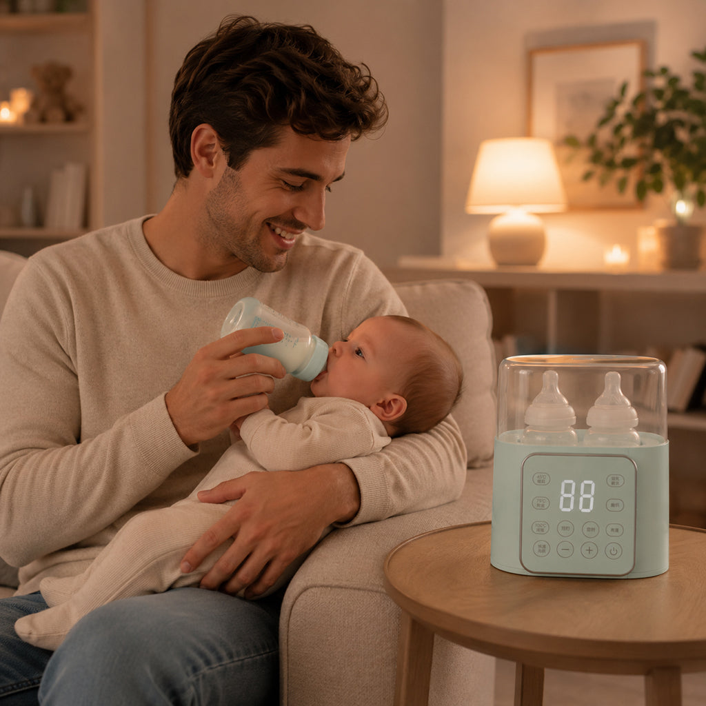 Papa donne biberon bébé et chauffe biberon vert sur table