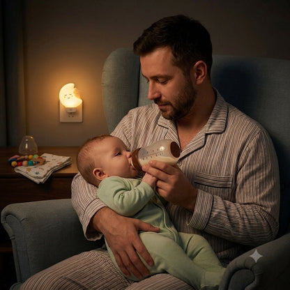 Papa donne biberon en verre à bébé dans chambre avec veilleuse