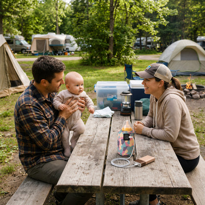 parents avec bébé en camping avec chauffe biberon portable rose