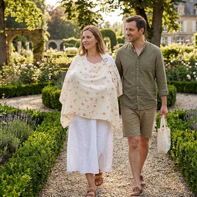 Parents marchent dans parc maman utilise une cape d'allaitement