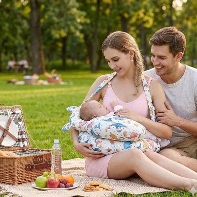 Parents en pique-nique avec bébé sur coussin d'allaitement