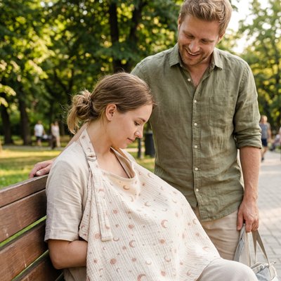 Parents sur un banc dans un parc utilisant cape d'allaitement