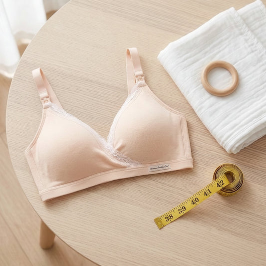 Soutien gorge allaitement beige posé sur une table