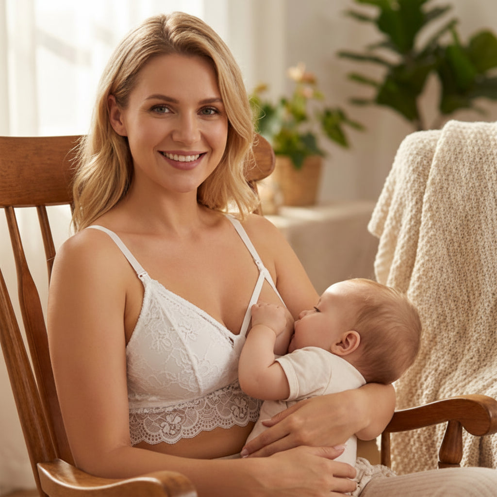 Soutien gorge allaitement blanc avec bébé au sein