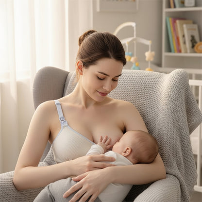 Soutien gorge allaitement blanc porté par maman qui allaite