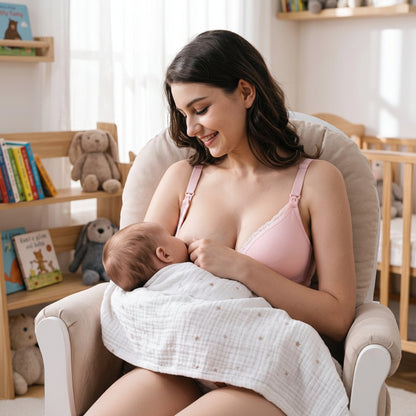 Soutien gorge allaitement rose sur maman qui allaite