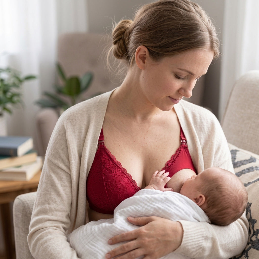 Soutien gorge allaitement rouge avec bébé au sein