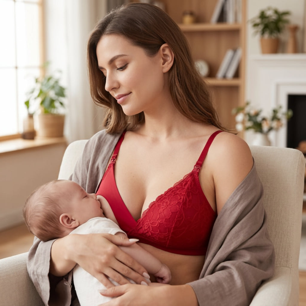 Soutien gorge allaitement rouge avec bébé qui boit