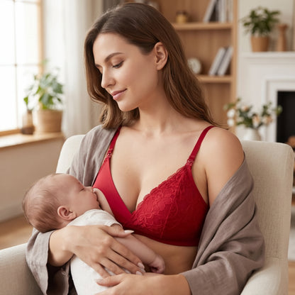 Soutien gorge allaitement rouge avec bébé qui boit