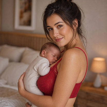 Soutien gorge allaitement rouge avec bébé sur maman
