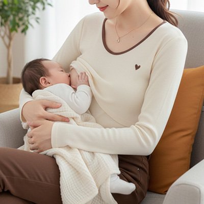 T-shirt allaitement beige sur maman qui regarde bébé boire