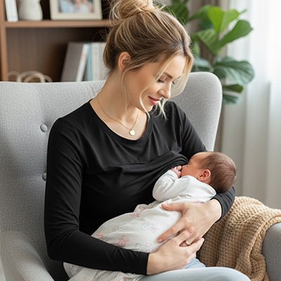 T-shirt allaitement noir sur maman assise qui regarde bébé boire