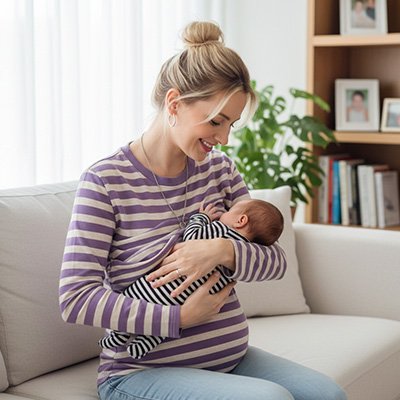 T-shirt allaitement rayé sur maman assise qui regarde bébé boire