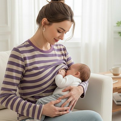 T-shirt allaitement rayé sur maman qui regarde bébé boire