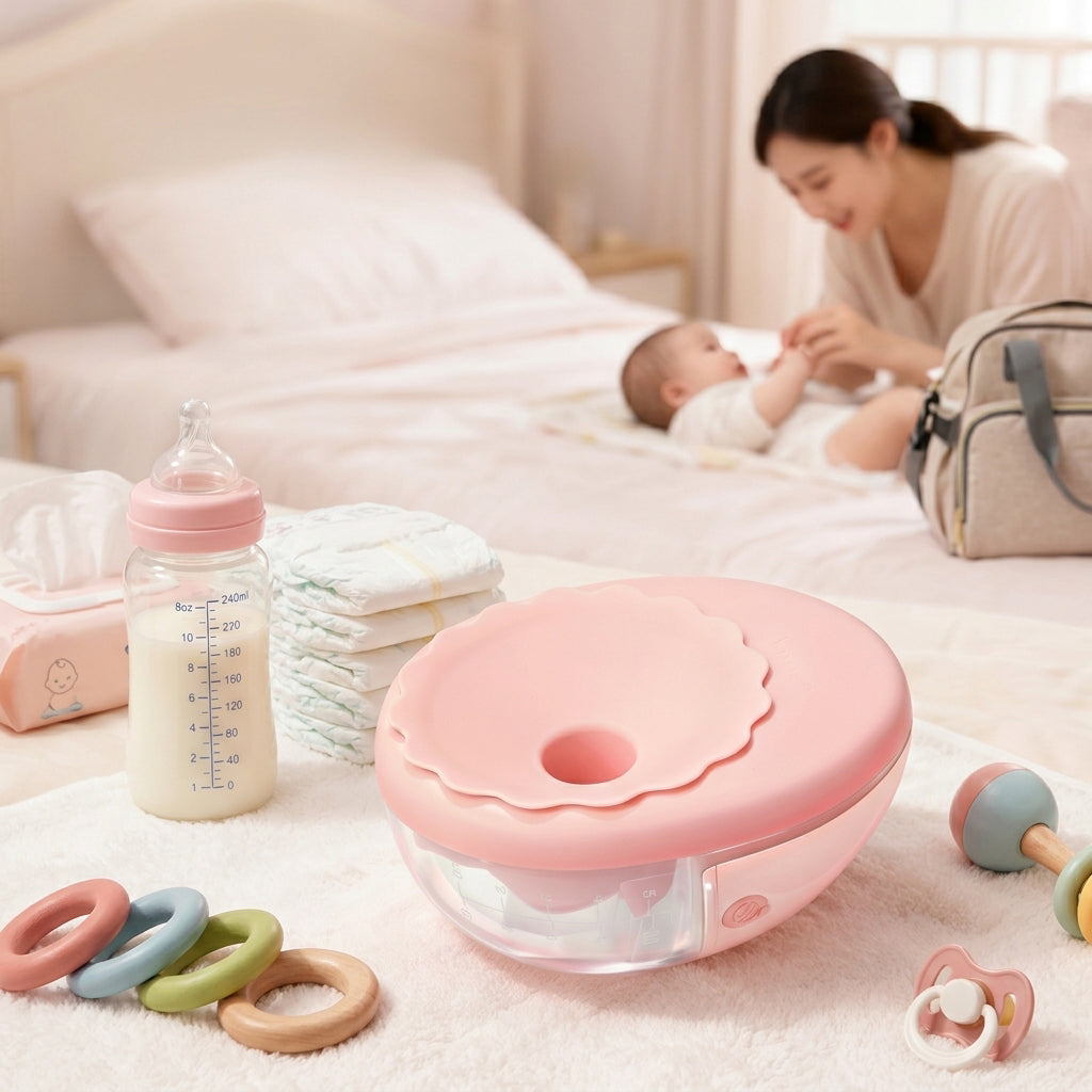 Tire lait portable rose sur table avec accessoires
