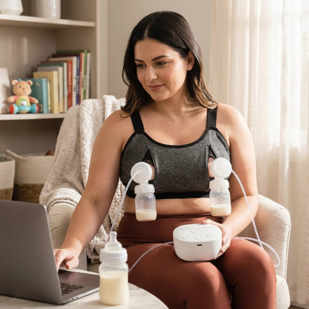 Tire-lait utilisé par une maman qui travail sur un portable