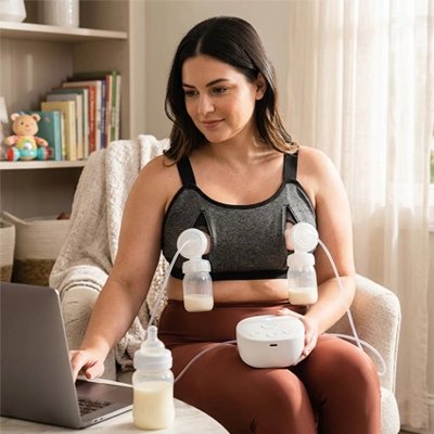 Tire-lait utilisé par une maman qui travail sur un portable